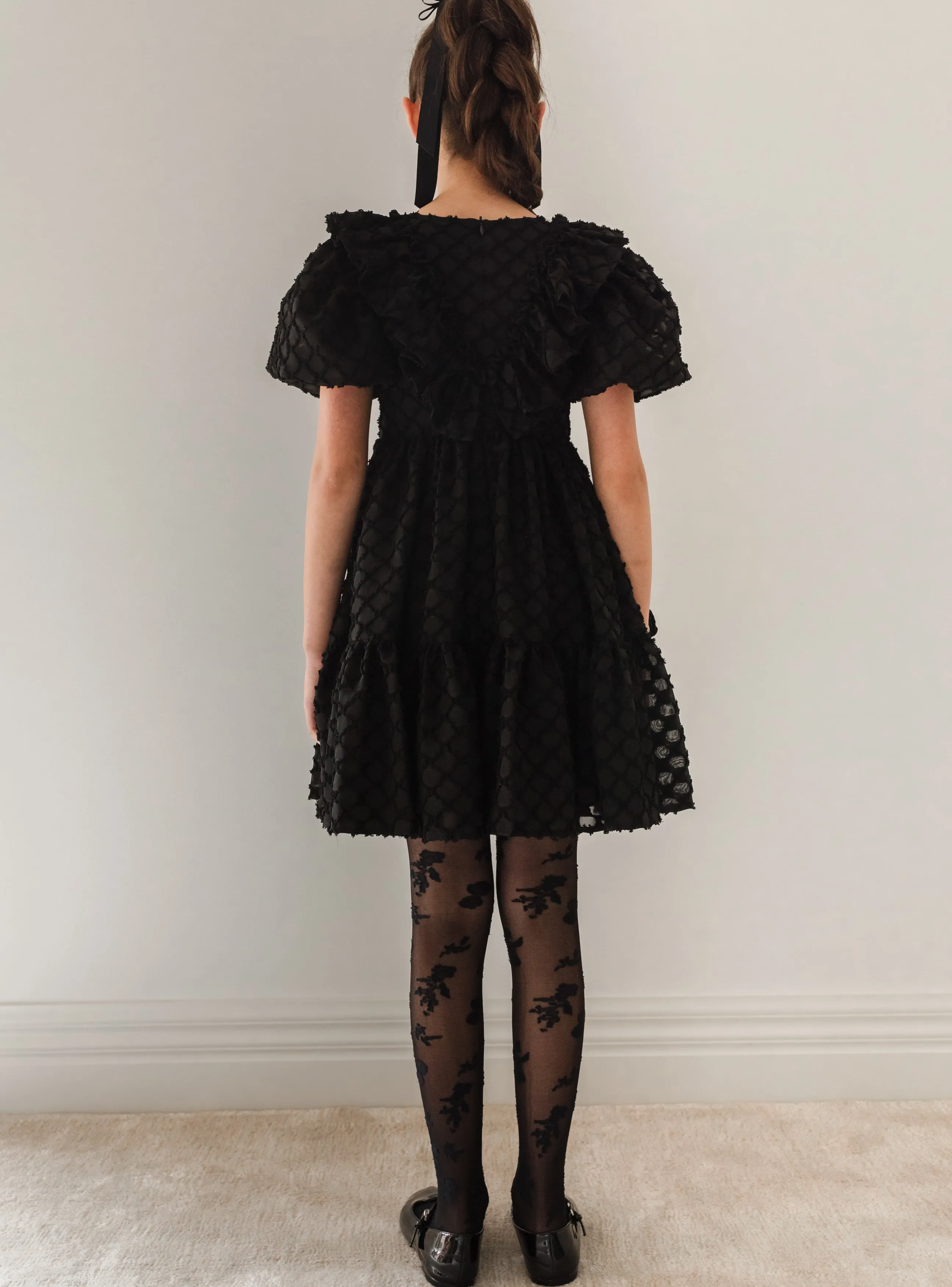 Black 3/4 Sleeve Vine Burnout Dress with Puff Sleeves - Elegant and Stylish