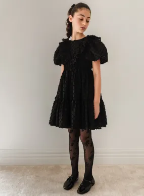 Black 3/4 Sleeve Vine Burnout Dress with Puff Sleeves - Elegant and Stylish