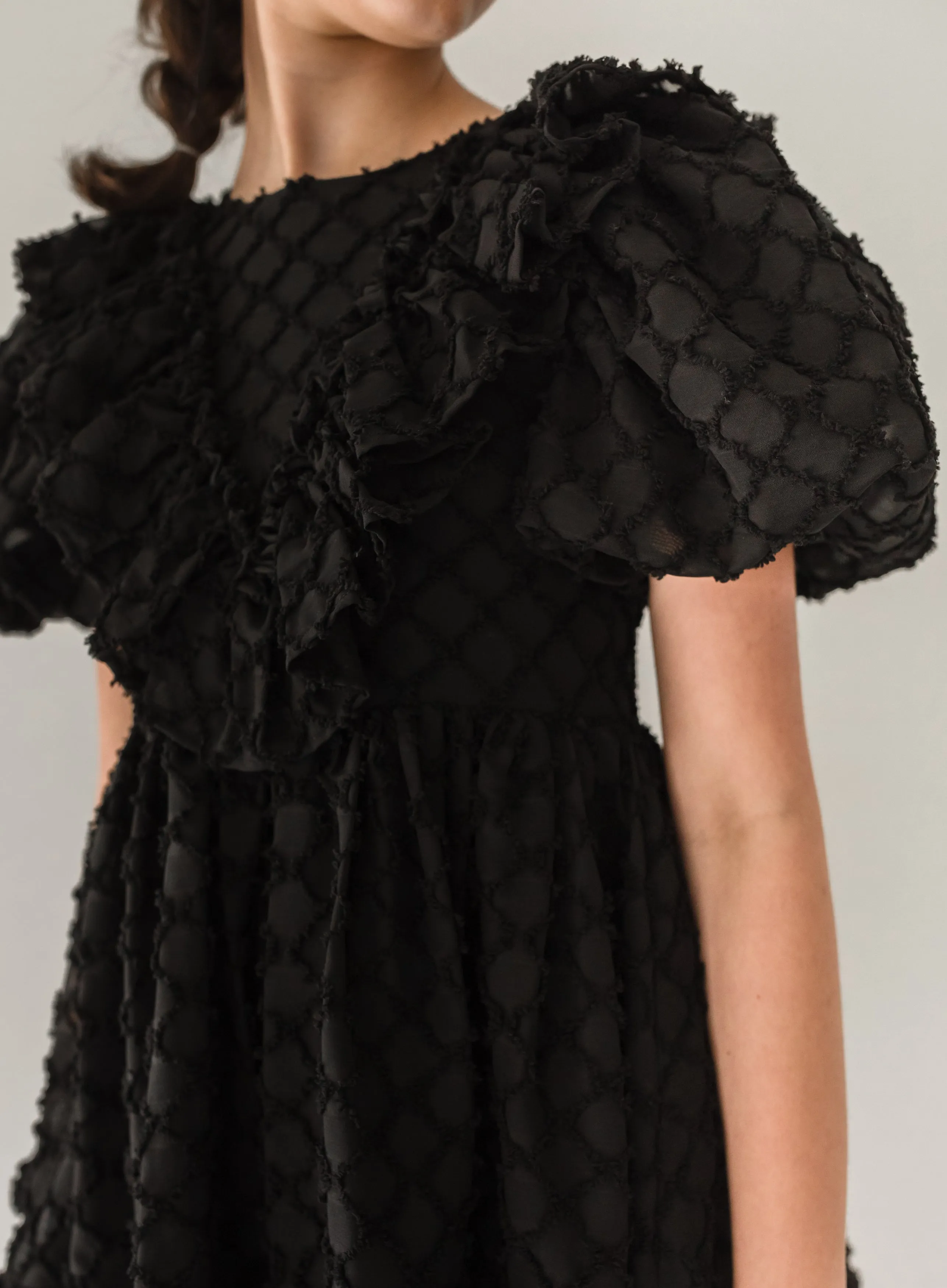 Black 3/4 Sleeve Vine Burnout Dress with Puff Sleeves - Elegant and Stylish