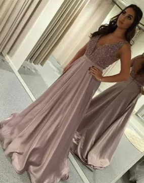 2020 beaded v-neck long satin prom dresses, PD4487