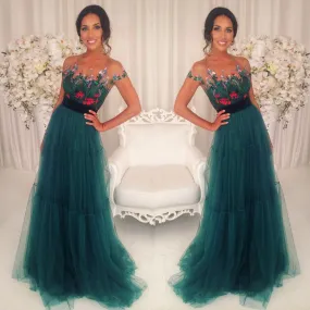 2020 formal charming short sleeves tulle teal long prom dresses, PD5895