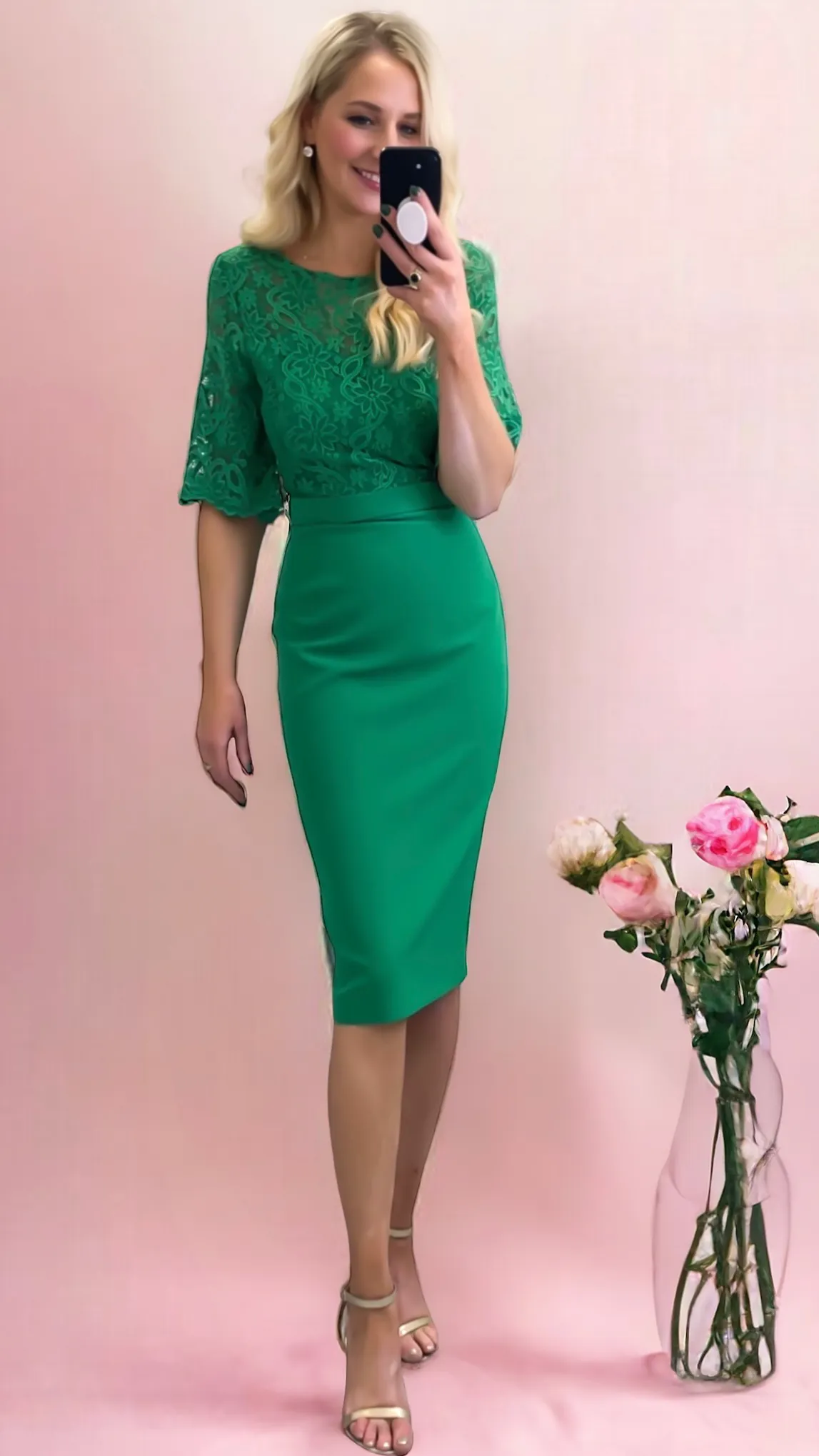 4-A1386 Sanja Green Lace Top Pencil Dress