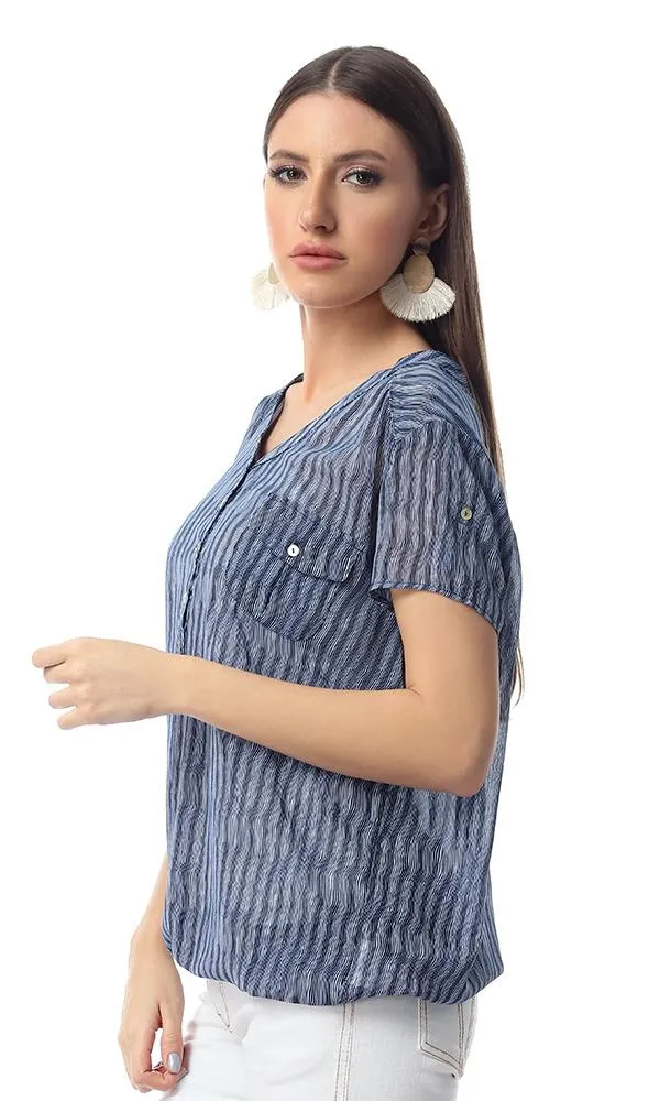 54416 Butoned V-Neck Navy Blue Chiffon Top With Hem