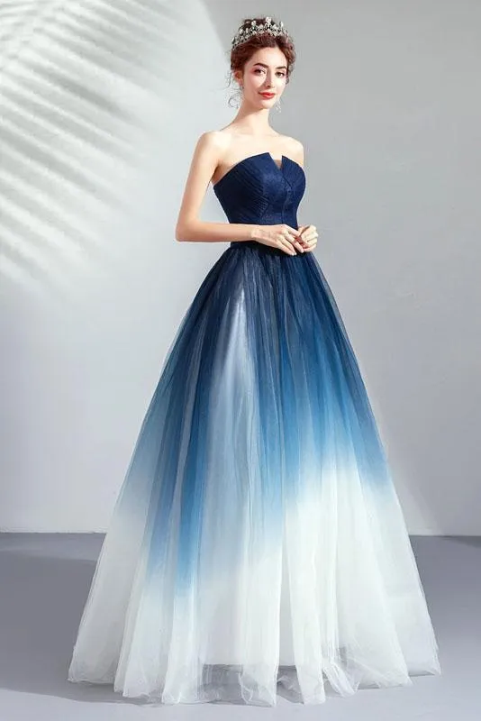 A line Blue Ombre Prom Dresses Lace up Sweetheart Strapless Formal Dresses