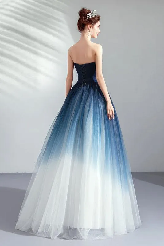 A line Blue Ombre Prom Dresses Lace up Sweetheart Strapless Formal Dresses