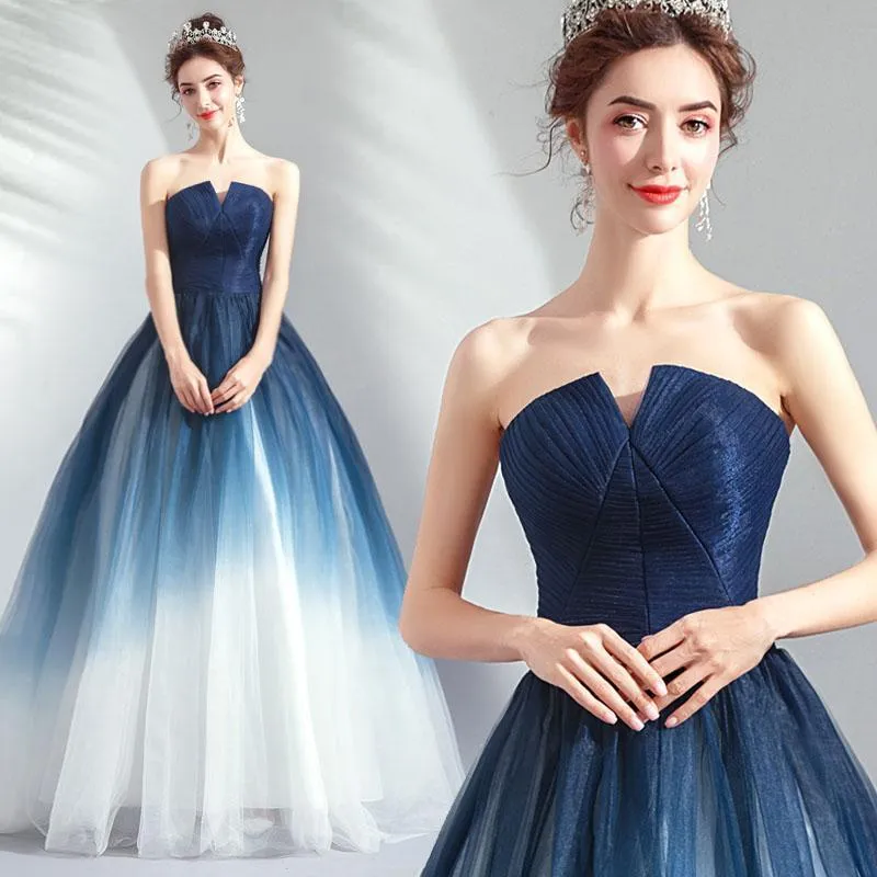 A line Blue Ombre Prom Dresses Lace up Sweetheart Strapless Formal Dresses