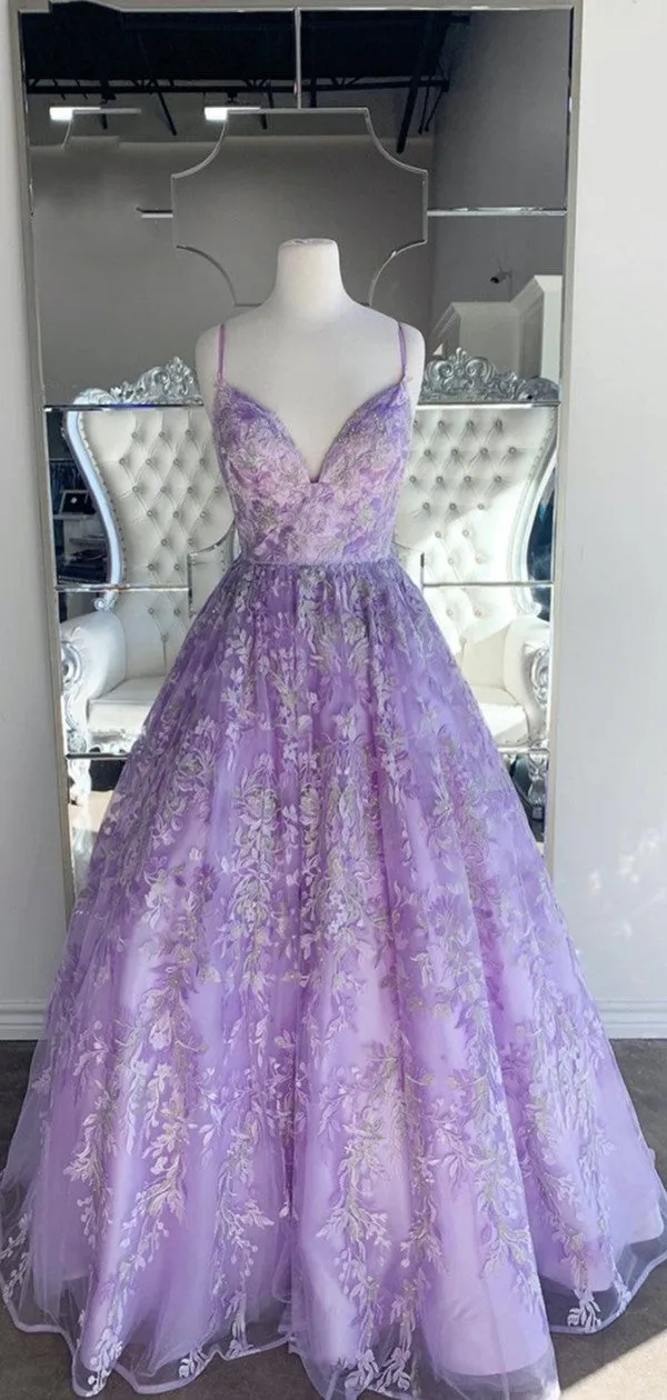 A-line Lace Elegant Popular Prom Dresses 2021, Purple Color Evening Party Prom Dresses