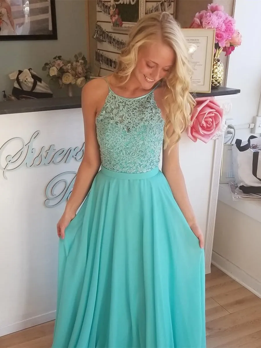 A Line Long Aqua Lace Prom Dresses, Aqua Lace Formal Graduation Evening Dresses