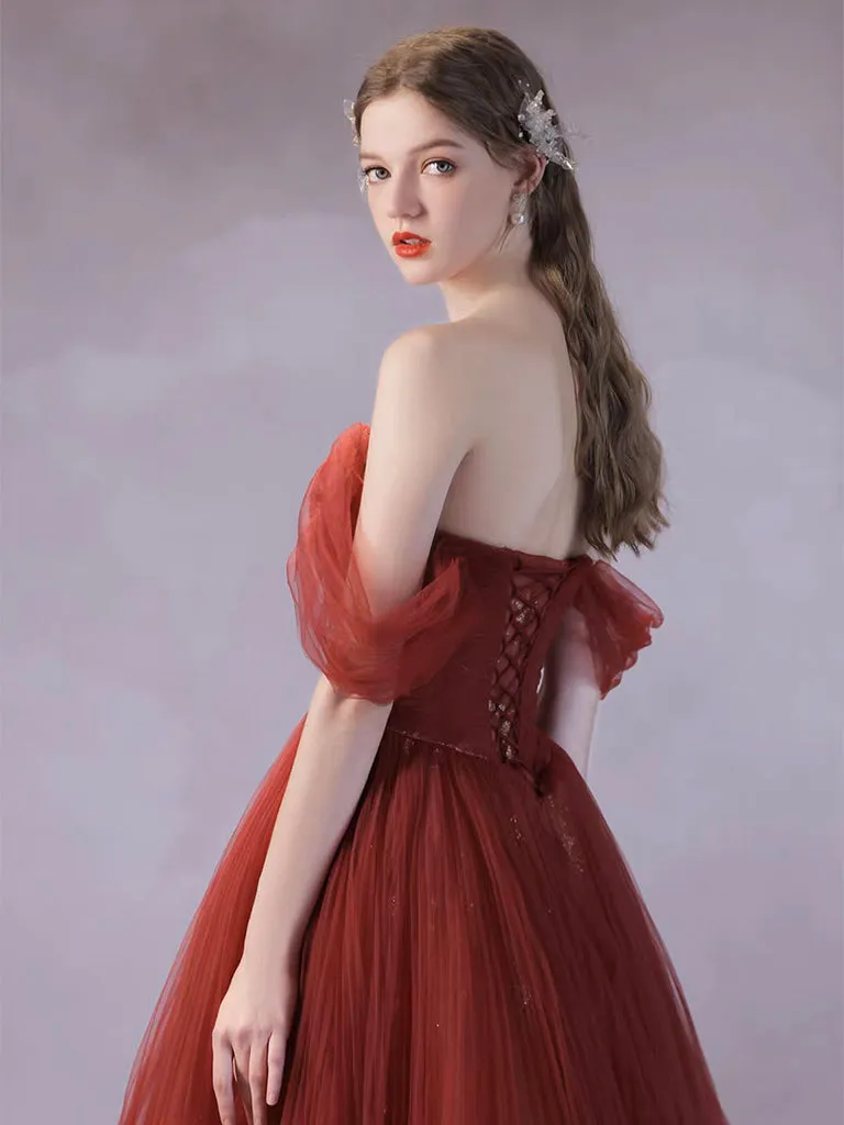 A-Line Off Shoulder Tulle Burgundy Long Prom Dress, Burgundy Long Formal Dress