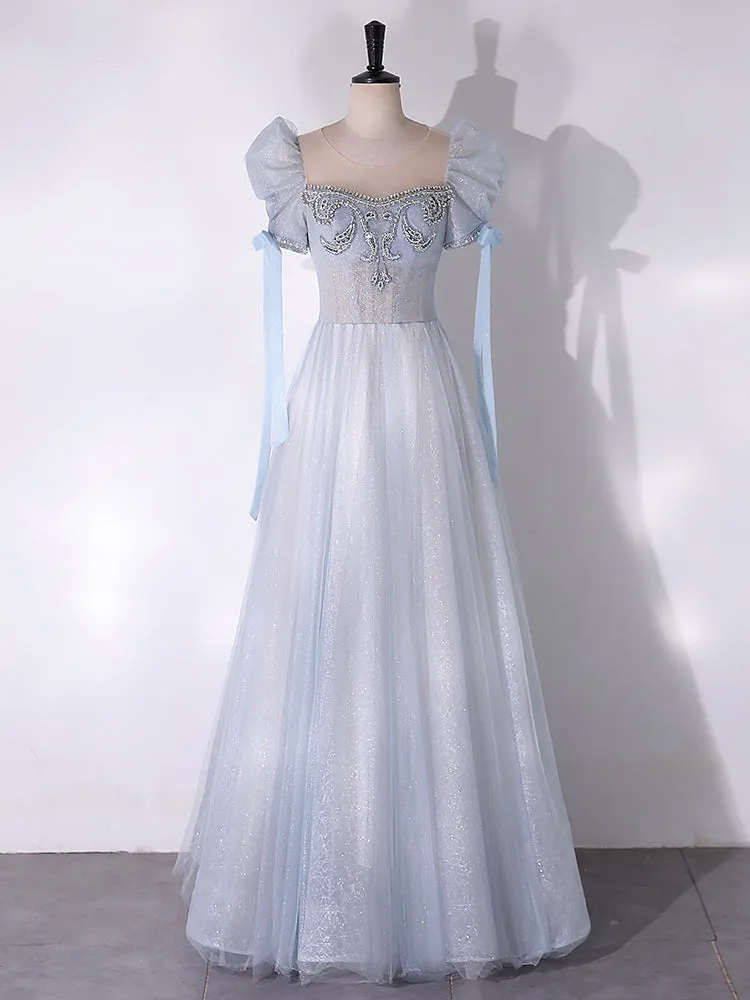 A-Line Scoop Neckline Tulle Light Blue Long Prom Dress with Beads