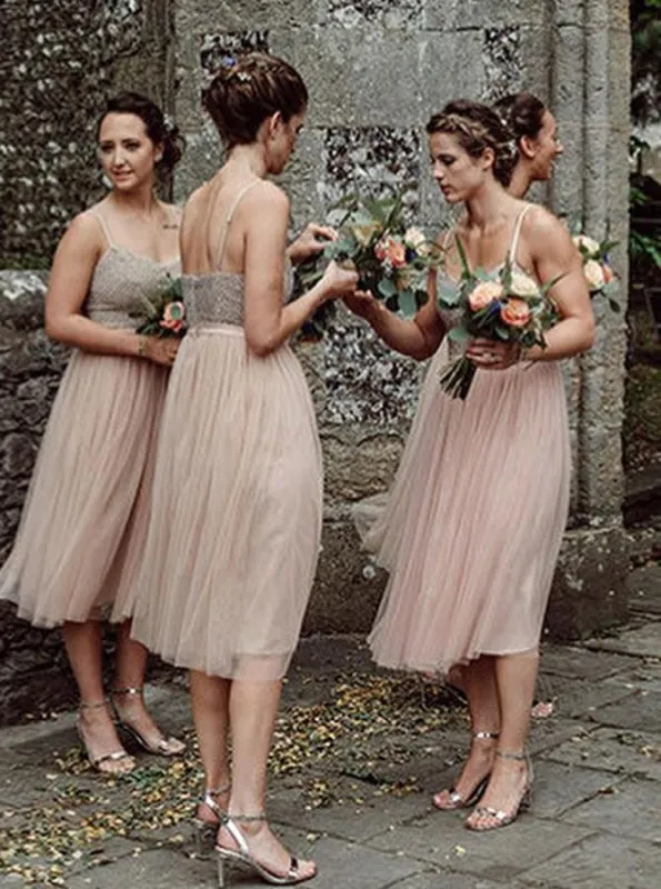 A-Line Spaghetti Straps Tea Length Pink Tulle Bridesmaid Dress