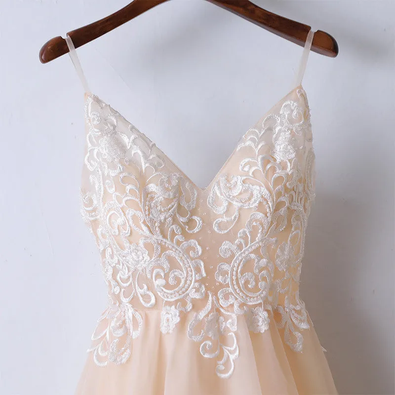 A Line Spaghetti Straps V Neck Lace Pink Prom Dresses, Pink Lace Formal Dresses, Evening Dresses