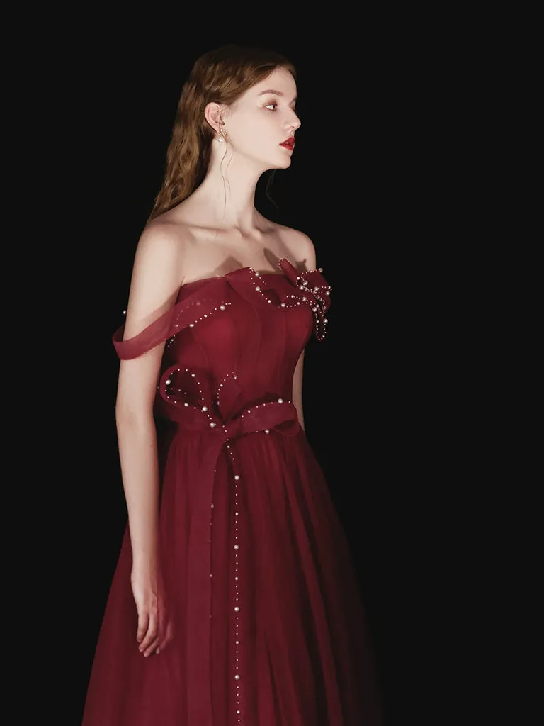 A-Line Tulle Beads Burgundy Long Prom Dress, Burgundy Long Evening Dress