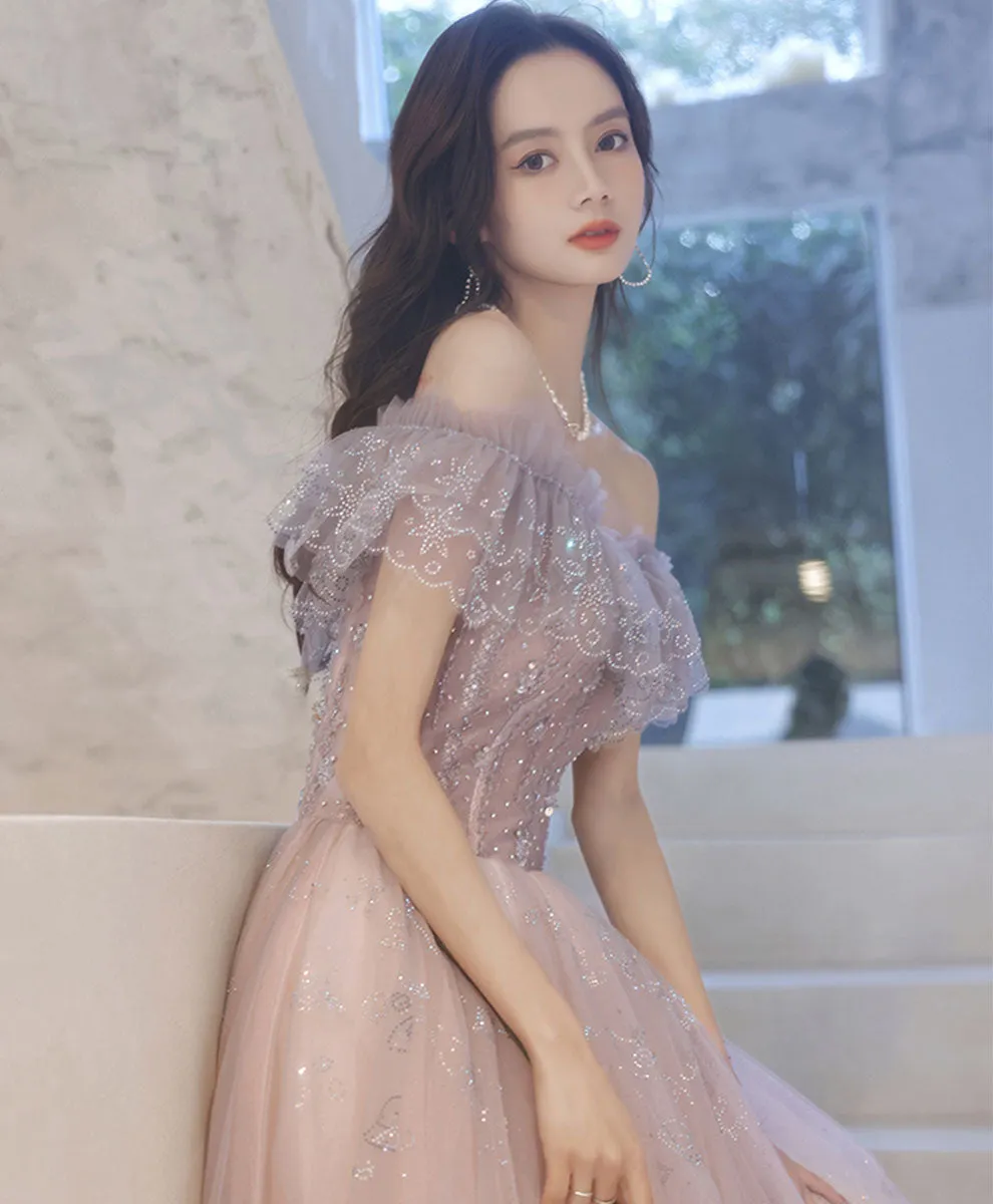 A-line Tulle Lace Off Shoulder Long Prom Dress Tulle Formal Dress