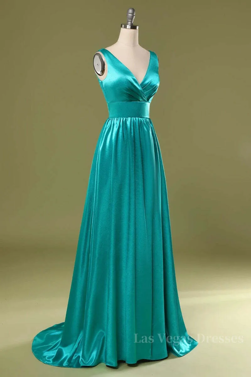 A Line V Neck and V Back Turquoise Long Prom Dress with Slit, Turquoise Formal Graduation Evening Dress