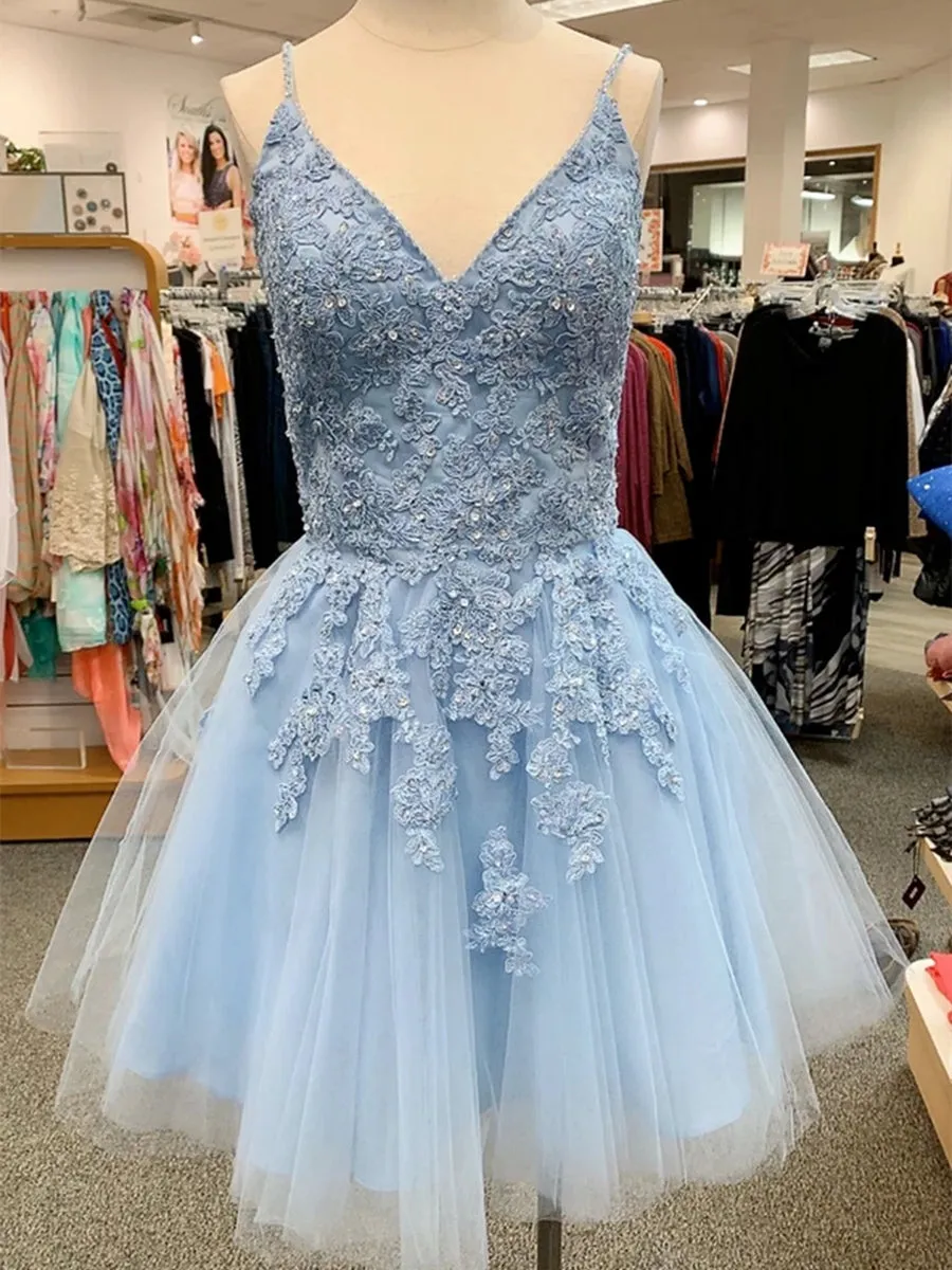 A Line V Neck Blue Lace Appliques Short Prom Dresses Homecoming Dresses, Blue Lace Formal Graduation Evening Dresses