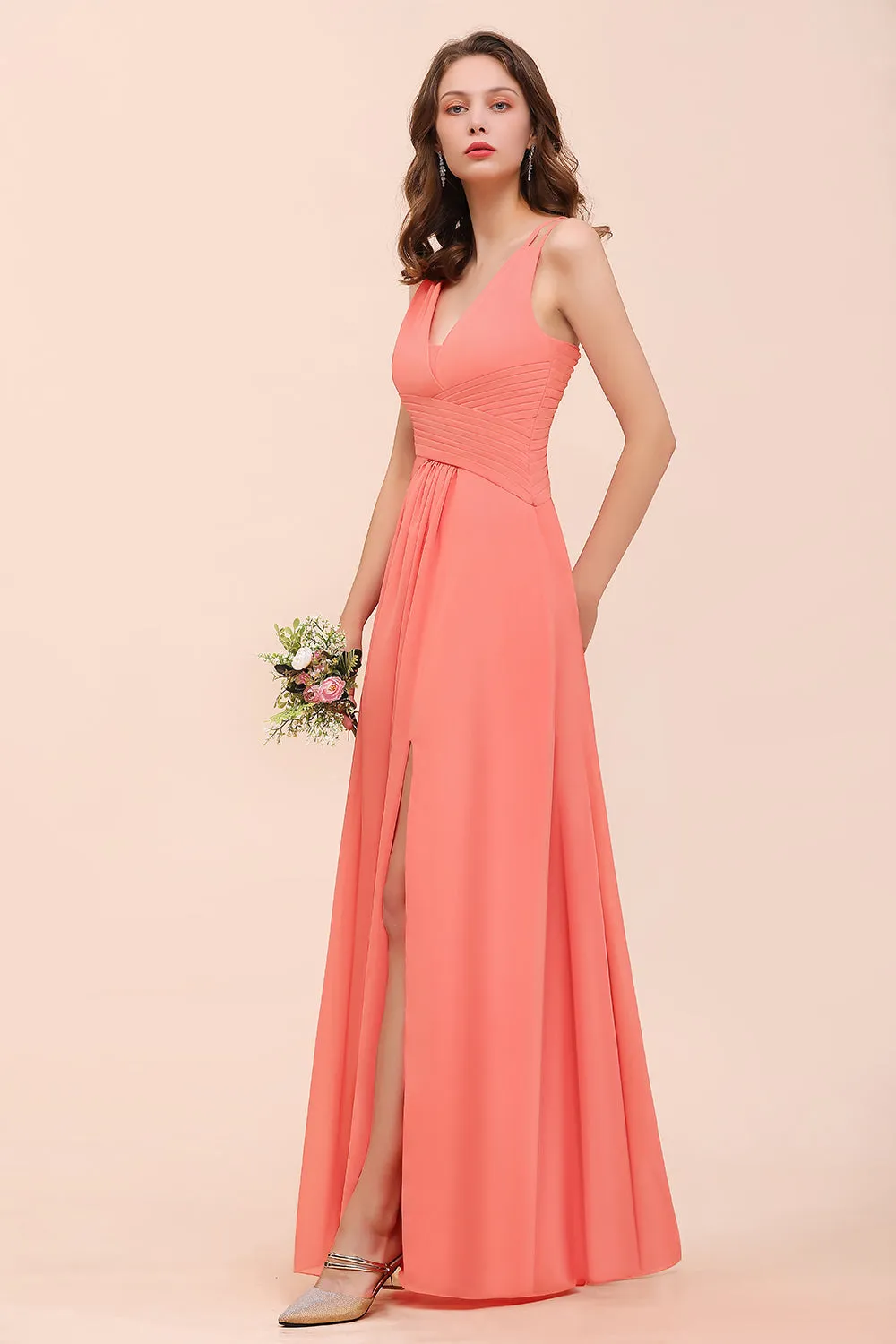 A-line V-neck Chiffon Long Bridesmaid Dress with Slit