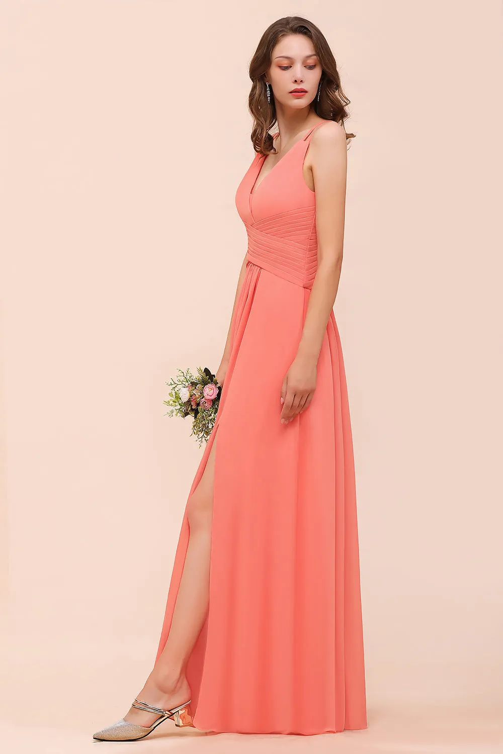 A-line V-neck Chiffon Long Bridesmaid Dress with Slit