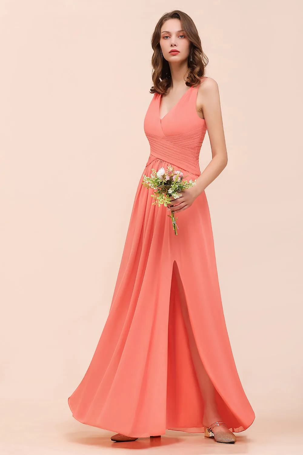 A-line V-neck Chiffon Long Bridesmaid Dress with Slit