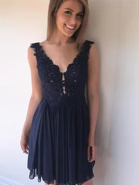 A Line V Neck Lace Short Navy Blue Prom Dress, Lace Navy Blue Formal Dress, Graduation Dress, Homecoming Dress