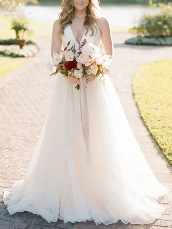 A Line Wedding Dress Ivory Blackless V Neck Spaghetti Straps Wedding Dress