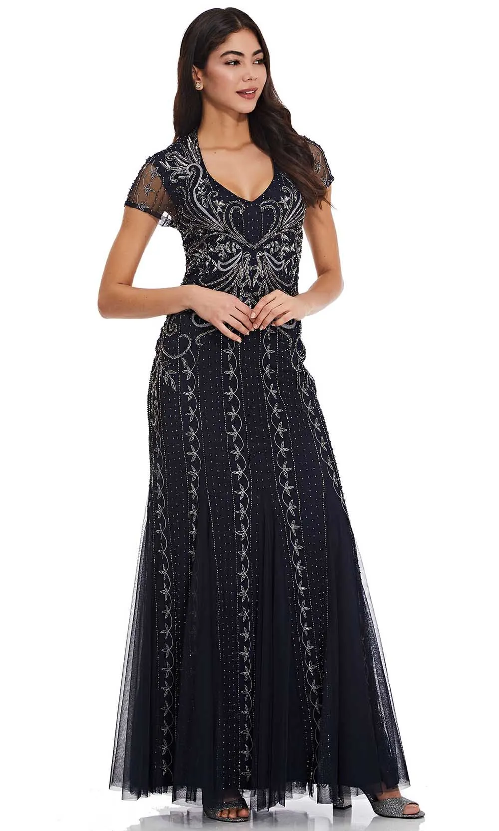 Adrianna Papell - AP1E207147 Short Sleeve V Neck Beaded Mesh Gown