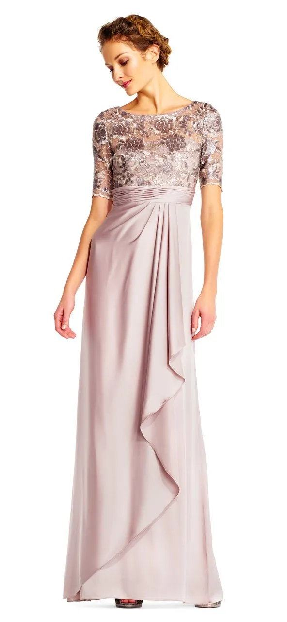 Adrianna Papell - Short Sleeves Draped Satin Dress AP1E201568 - 1 pc Light Mink in Size 6 Available