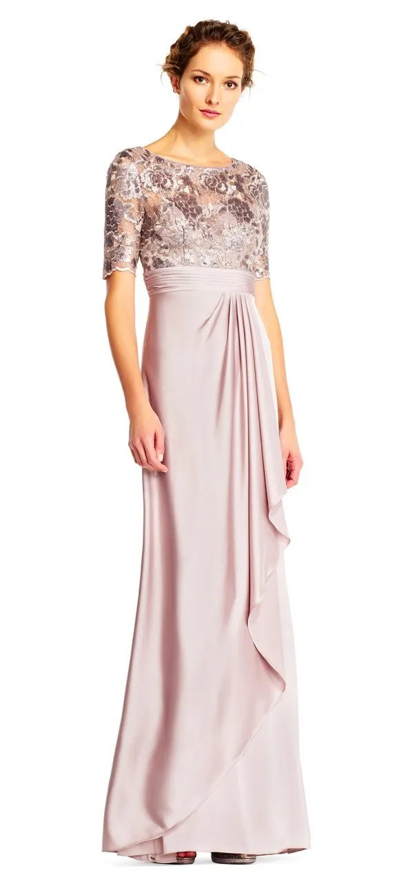 Adrianna Papell - Short Sleeves Draped Satin Dress AP1E201568 - 1 pc Light Mink in Size 6 Available