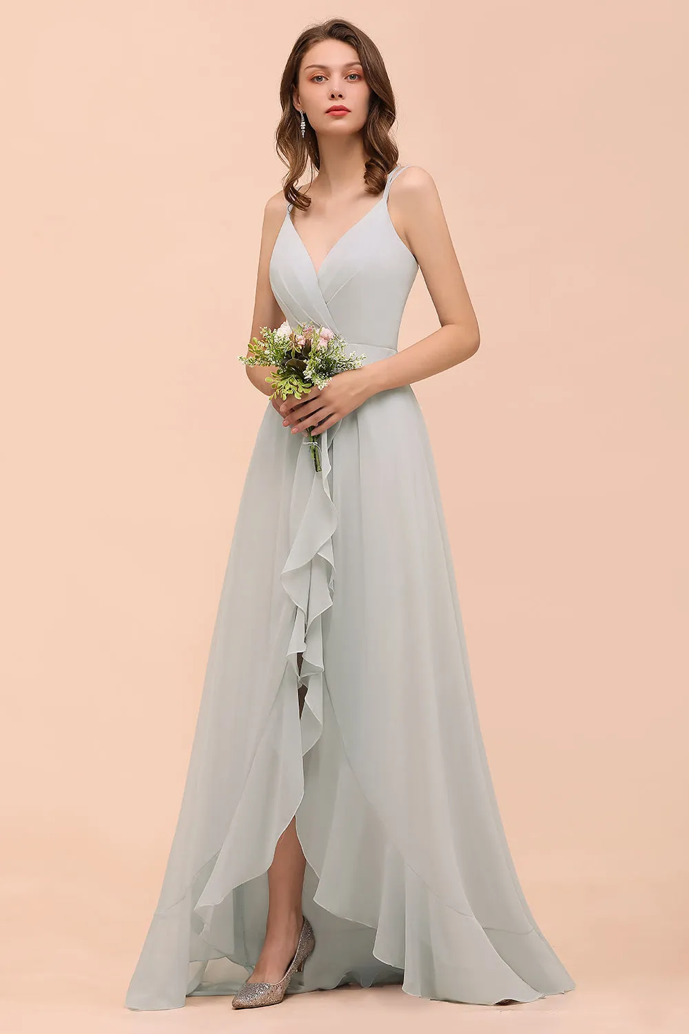 Affordable High Low A-line V-neck Chiffon Bridesmaid Dress