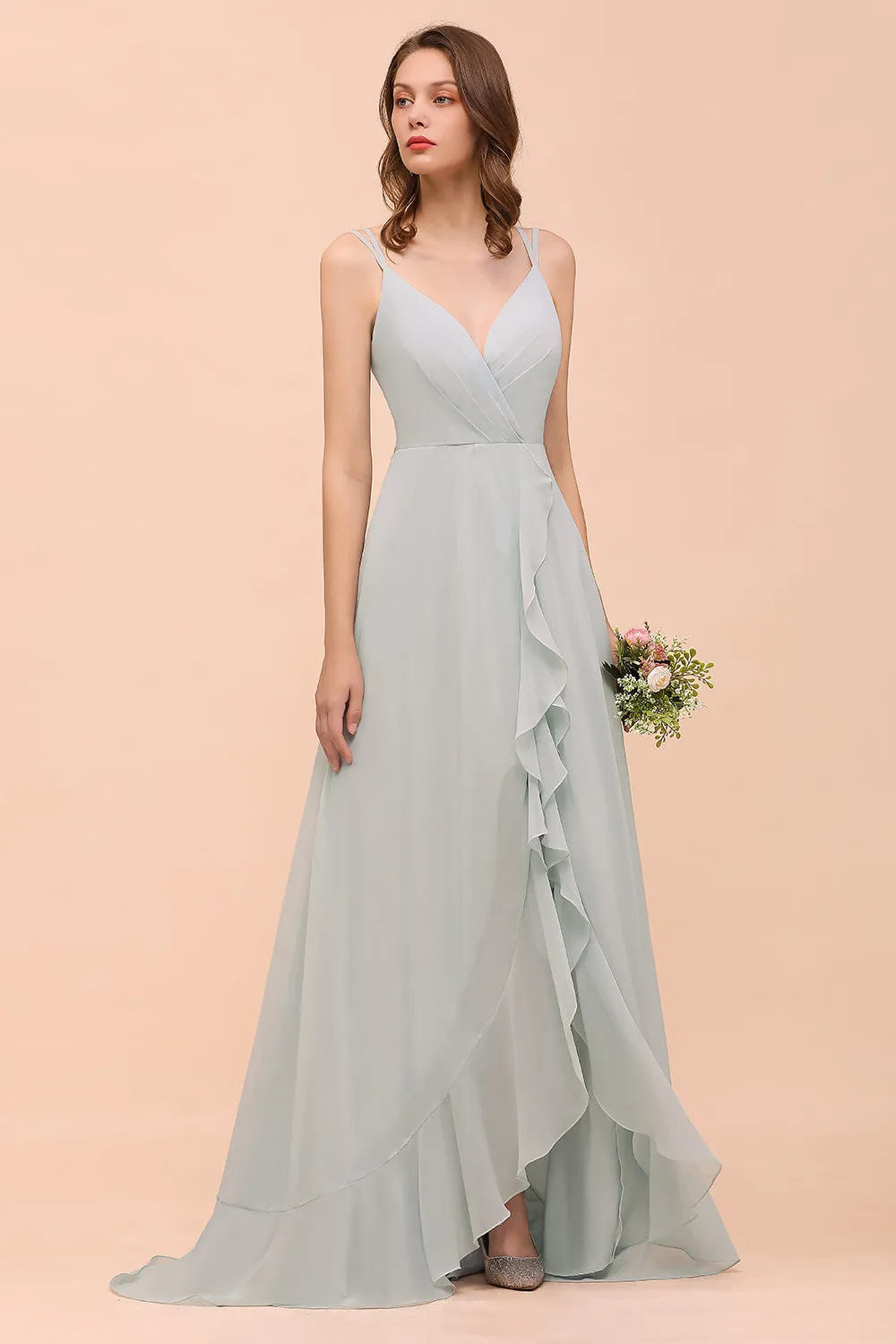 Affordable High Low A-line V-neck Chiffon Bridesmaid Dress