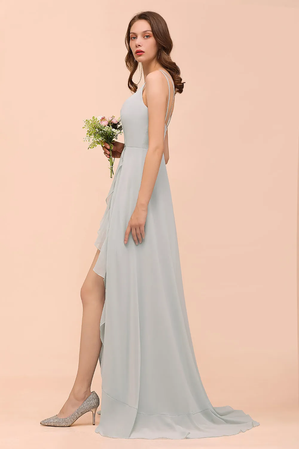 Affordable High Low A-line V-neck Chiffon Bridesmaid Dress