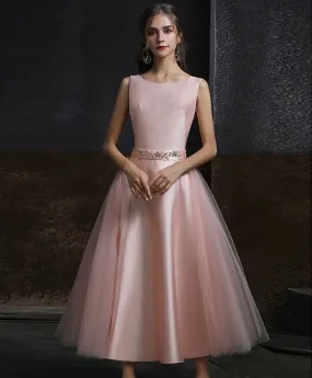 Aline Round Neck Tulle Short Pink Prom Dress, Aline Pink Tulle Bridesmaid Dress