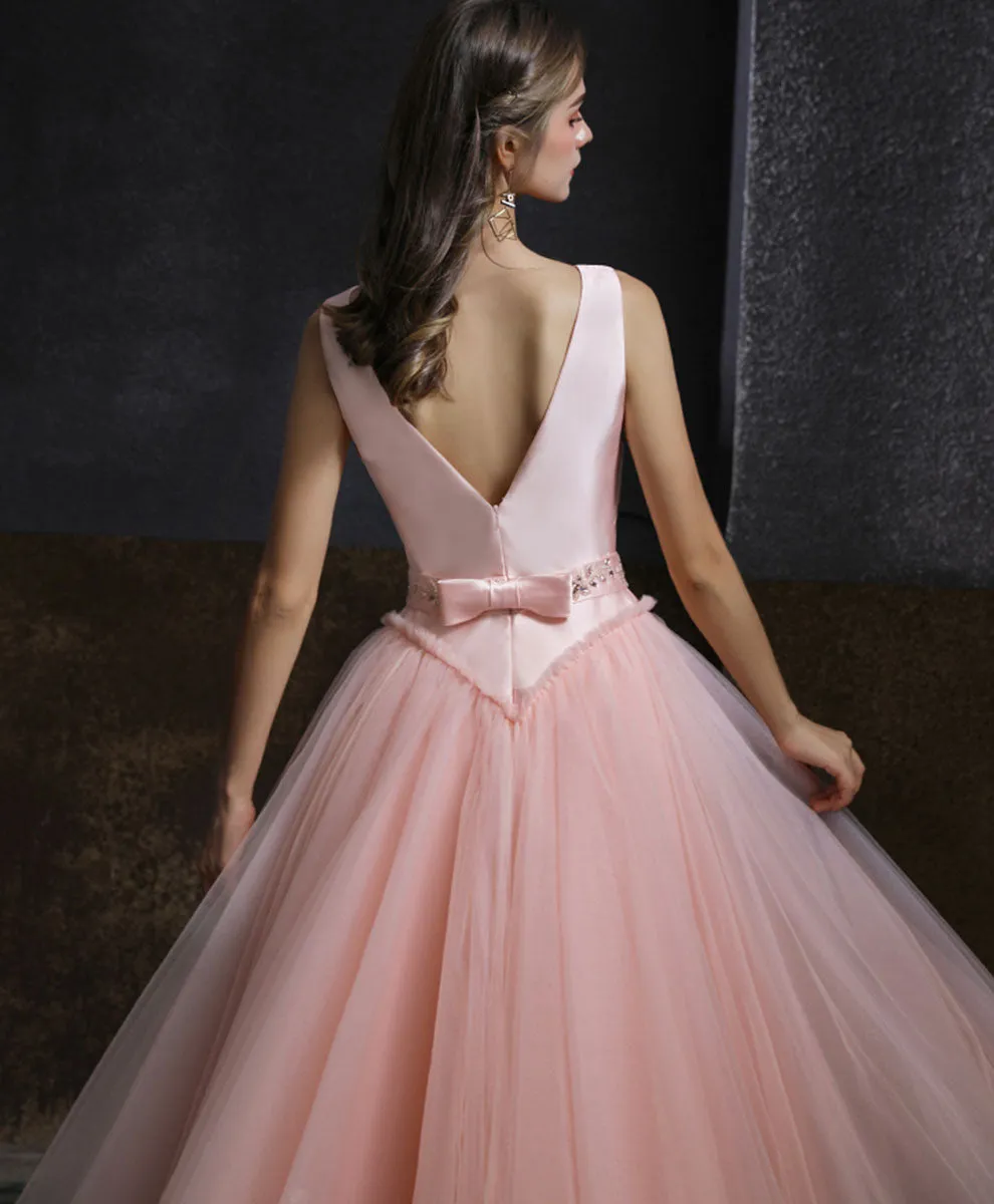 Aline Round Neck Tulle Short Pink Prom Dress, Aline Pink Tulle Bridesmaid Dress