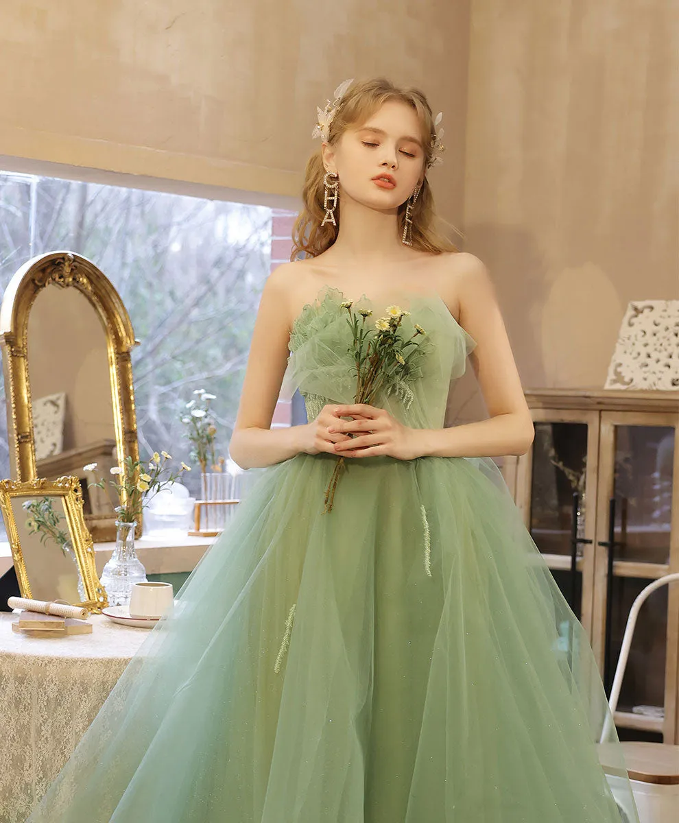 Aline Tulle Tea Length Green Prom Dress, Green Puffy Homecoming Dresses with Lace Applique Beading