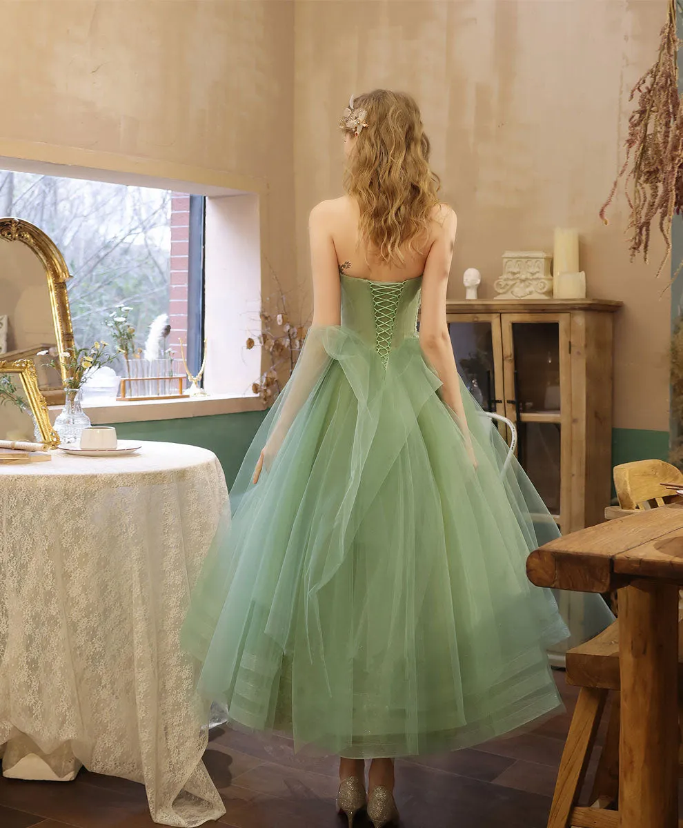 Aline Tulle Tea Length Green Prom Dress, Green Puffy Homecoming Dresses with Lace Applique Beading