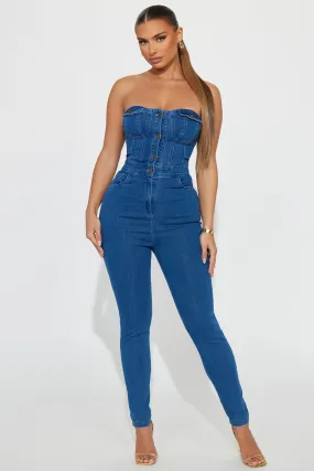 All That Fuzz Denim Jumpsuit  - Medium Wash