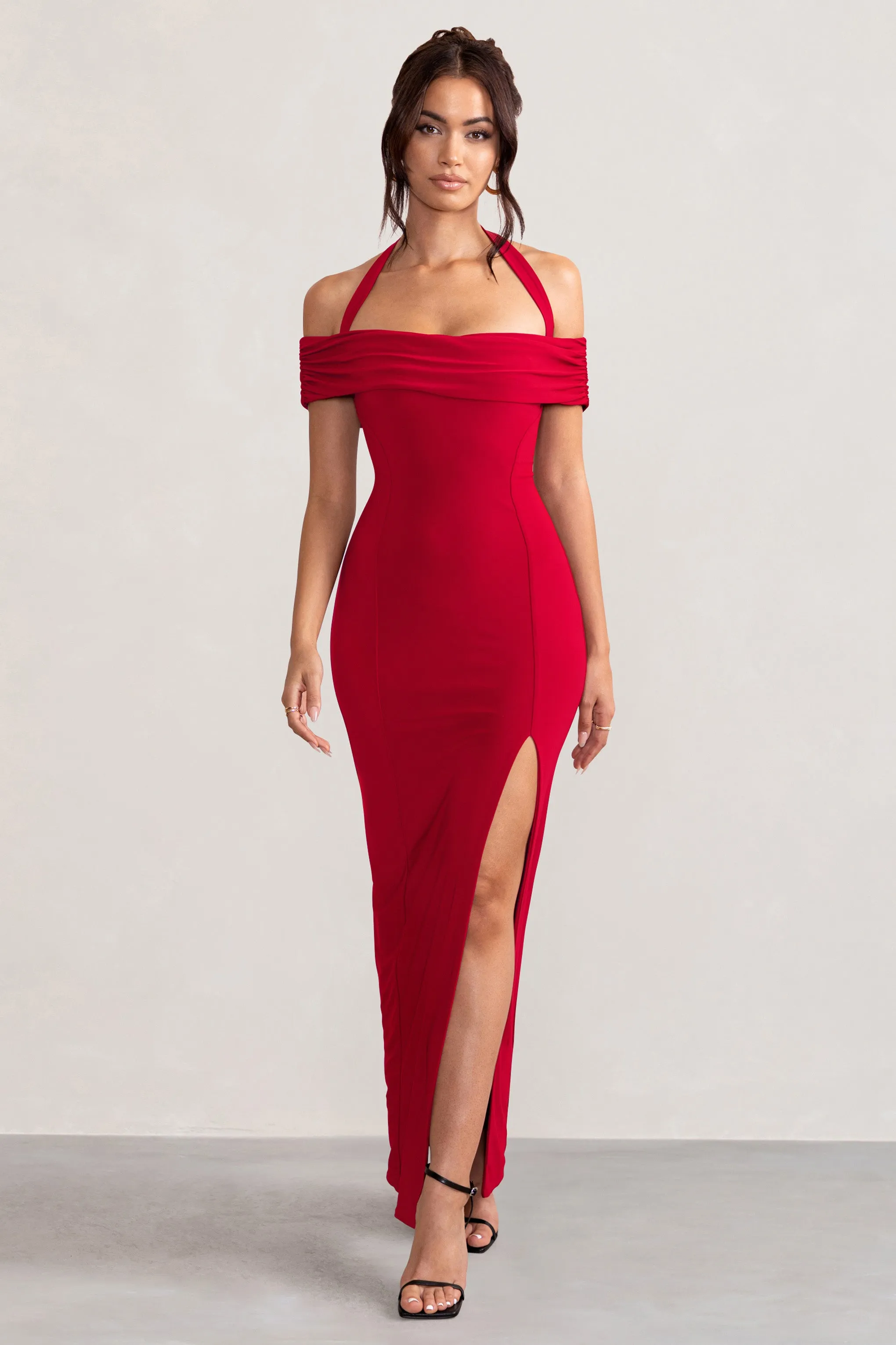 Anisa | Red Layered Halter Neck Bardot Maxi Dress With Thigh Split