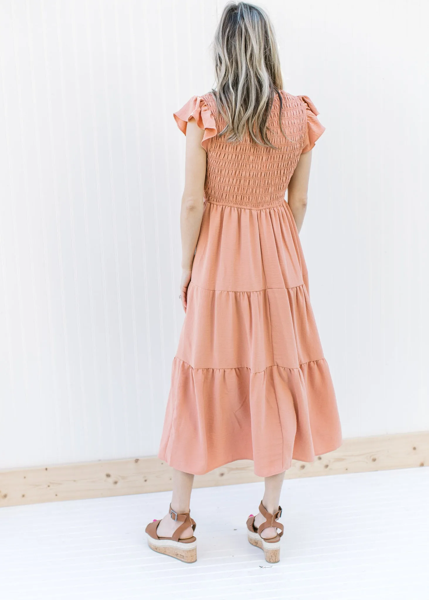 Apricot Smocked Midi Dress