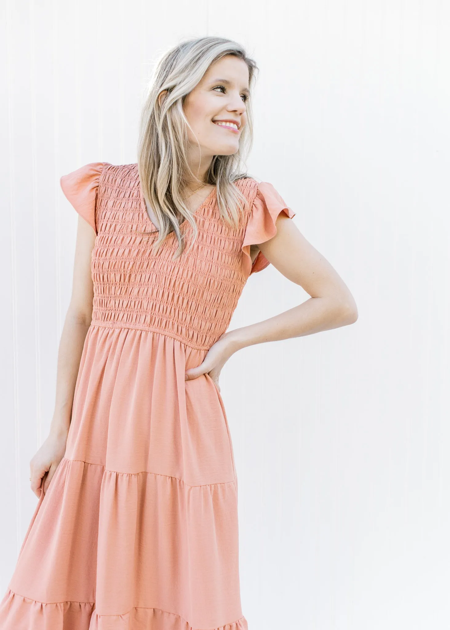 Apricot Smocked Midi Dress