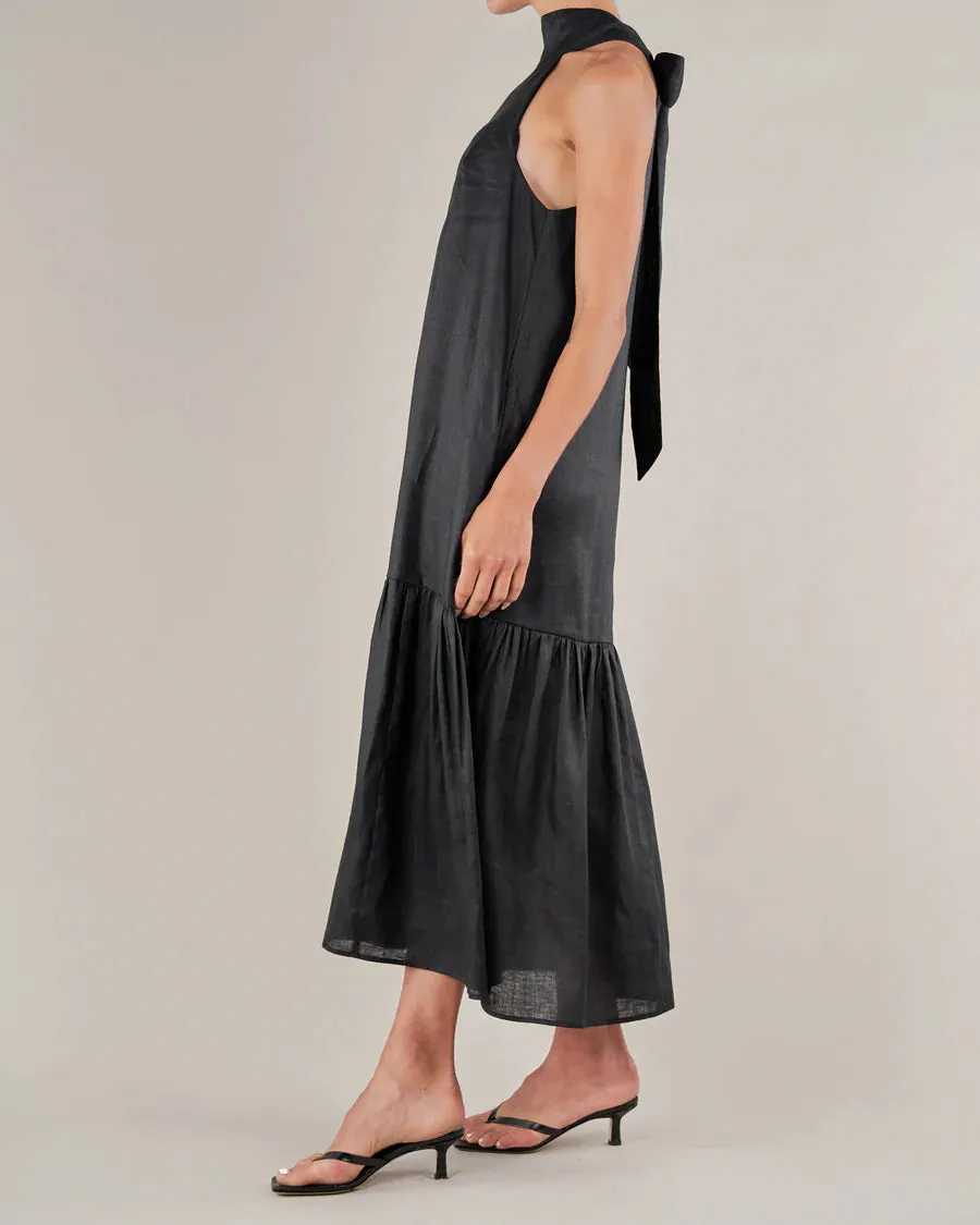 Aruba Linen Tie-Neck Dress (Black)