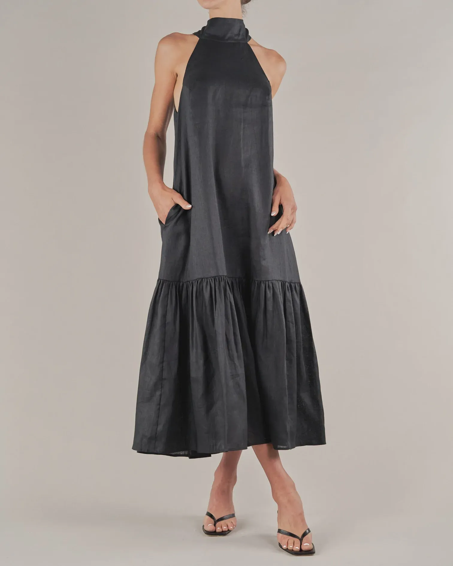 Aruba Linen Tie-Neck Dress (Black)