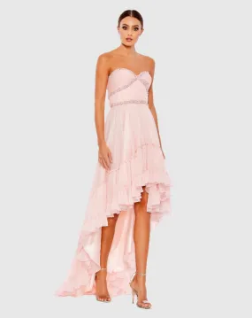 Beaded Ruffle High Low Gown