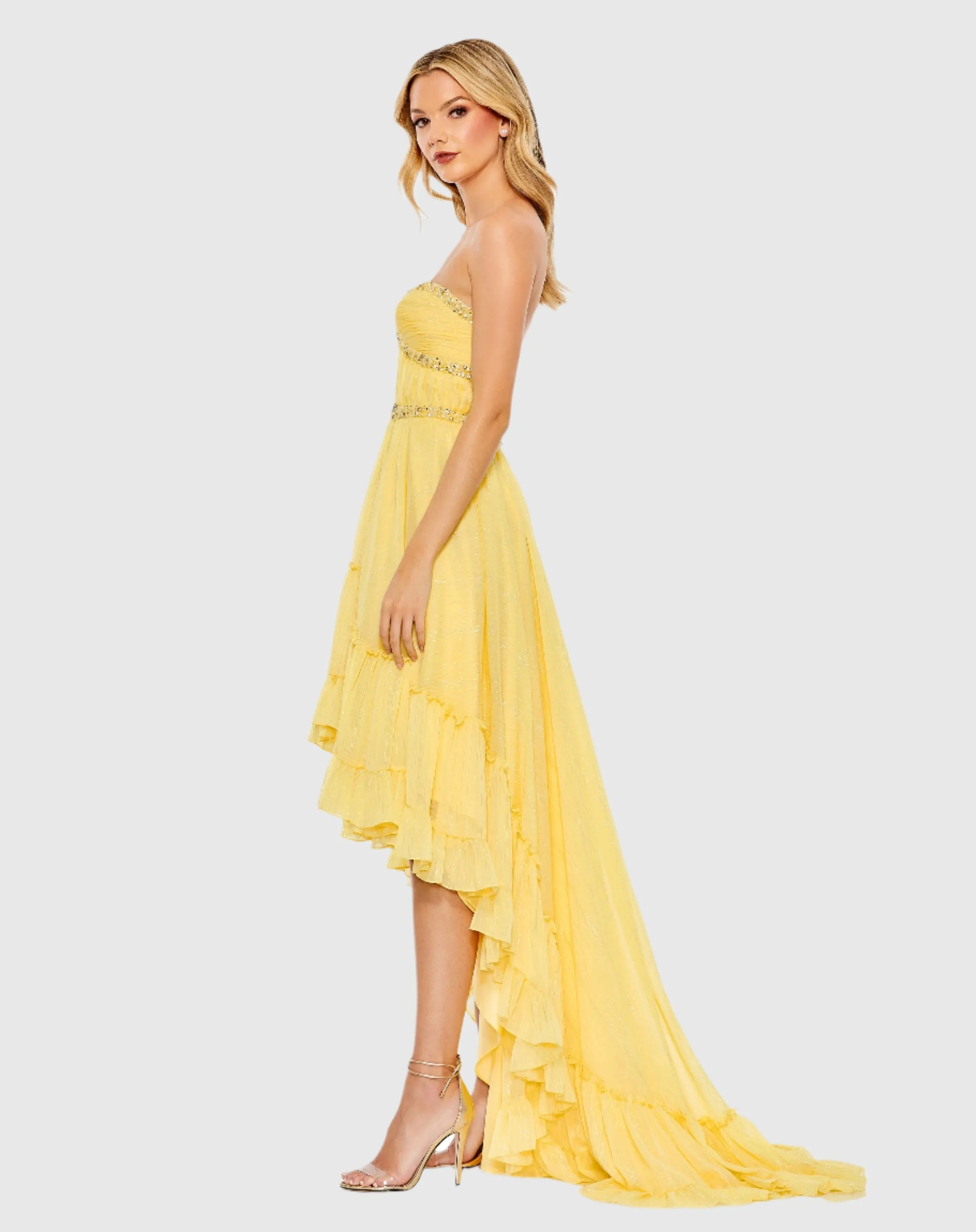 Beaded Ruffle High Low Gown