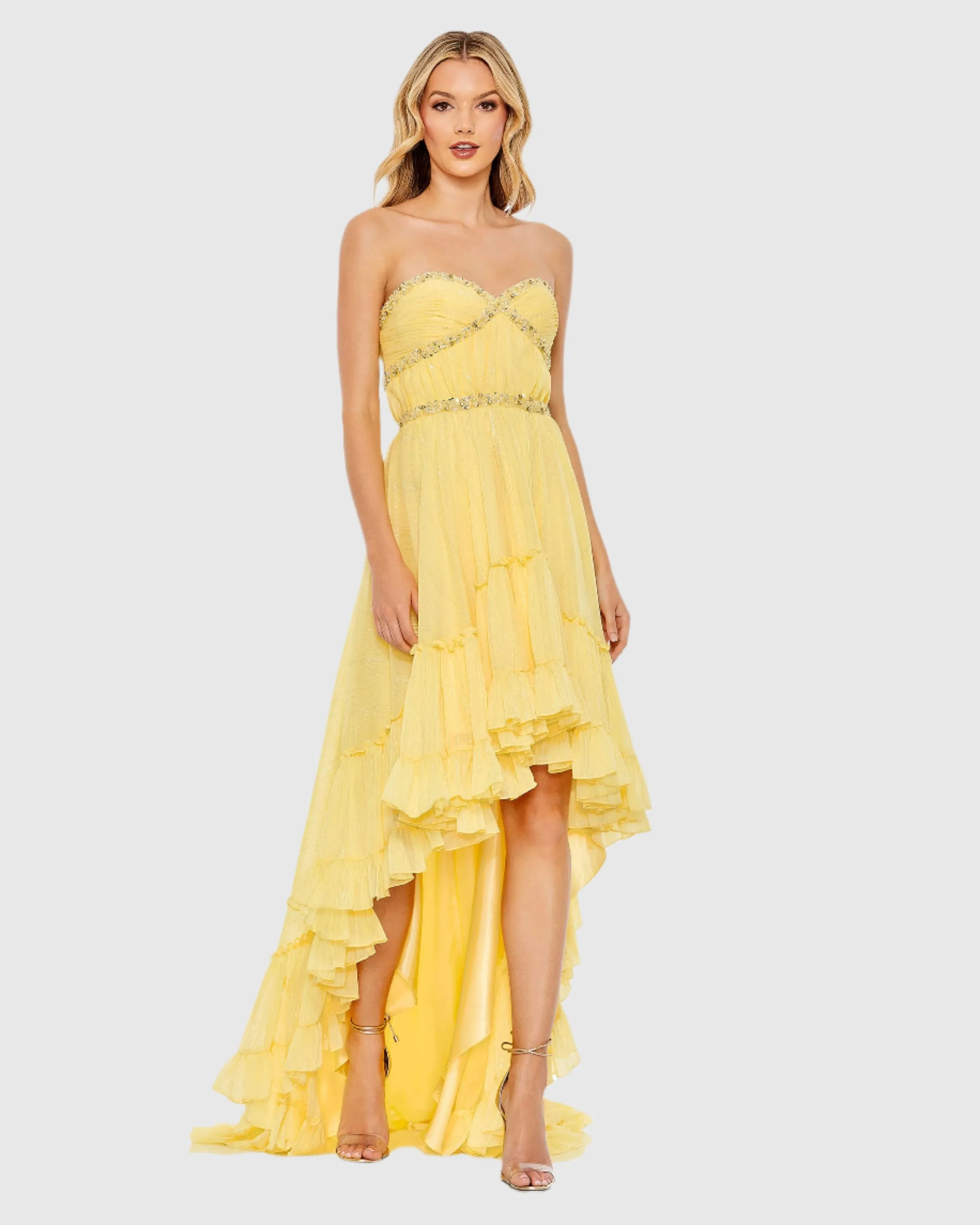 Beaded Ruffle High Low Gown