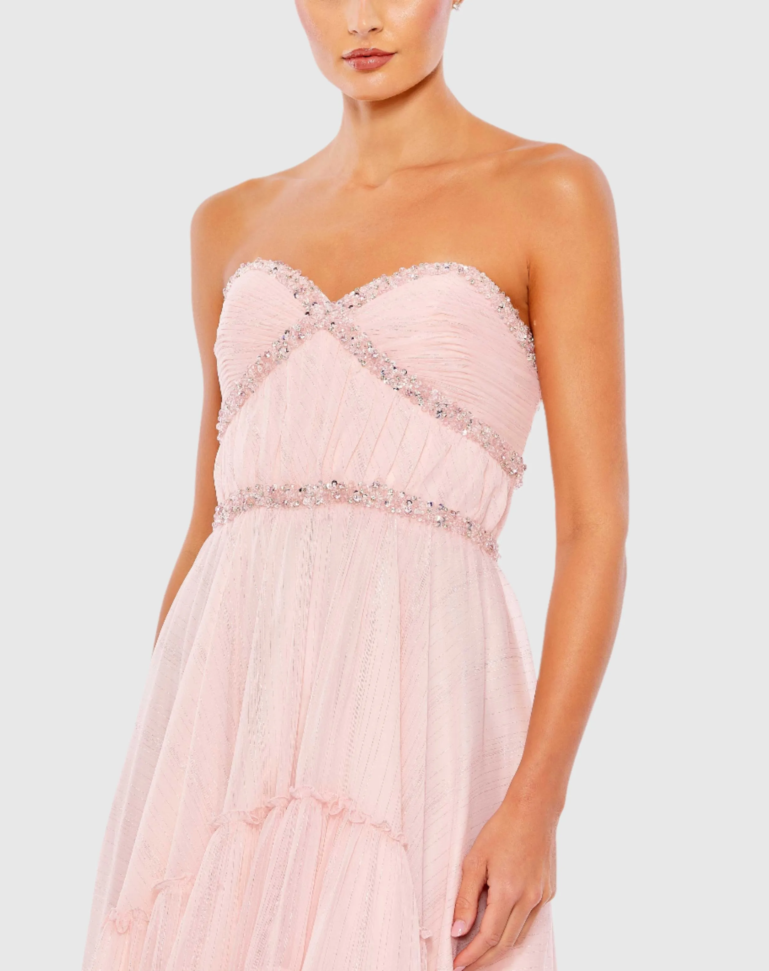 Beaded Ruffle High Low Gown