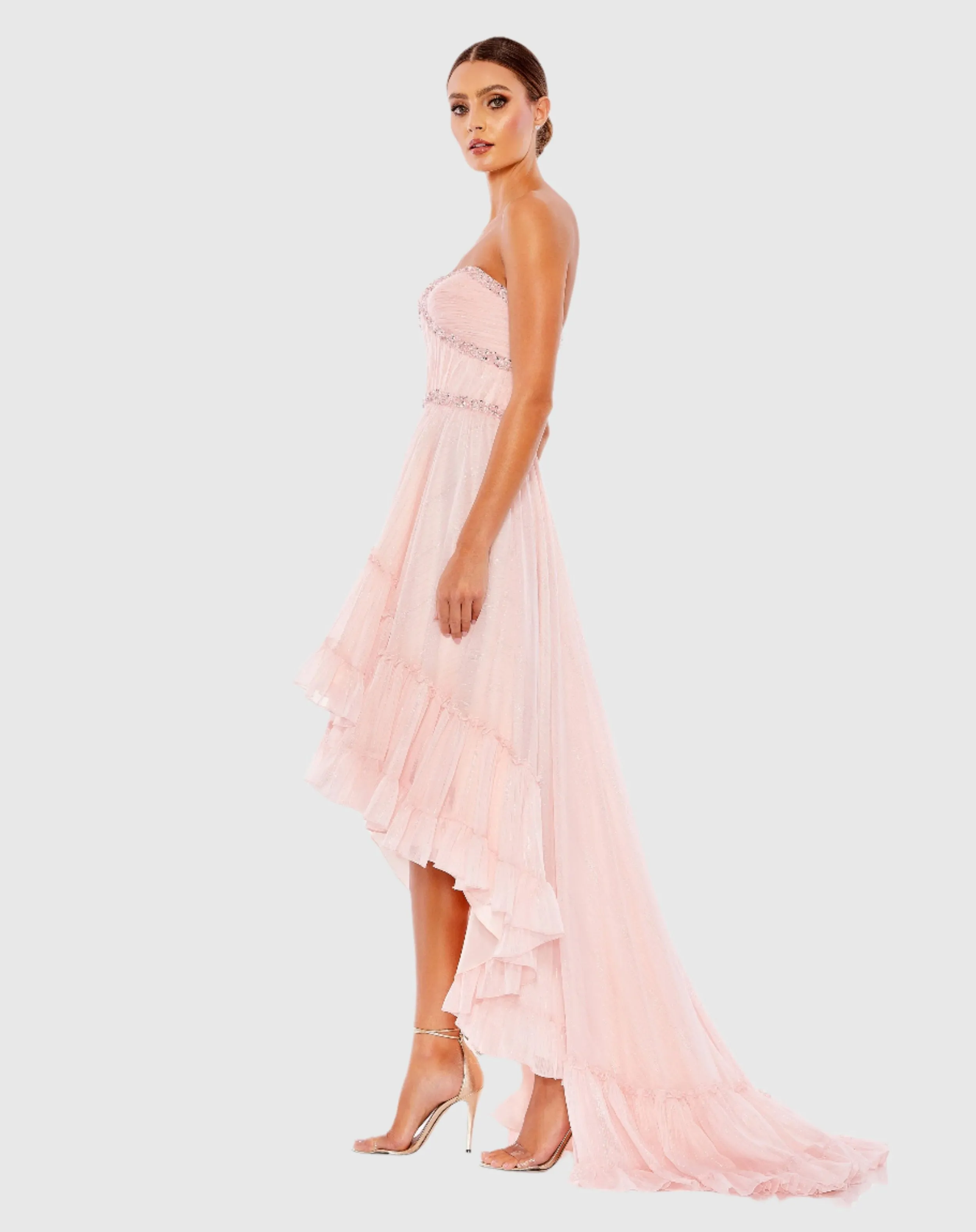 Beaded Ruffle High Low Gown