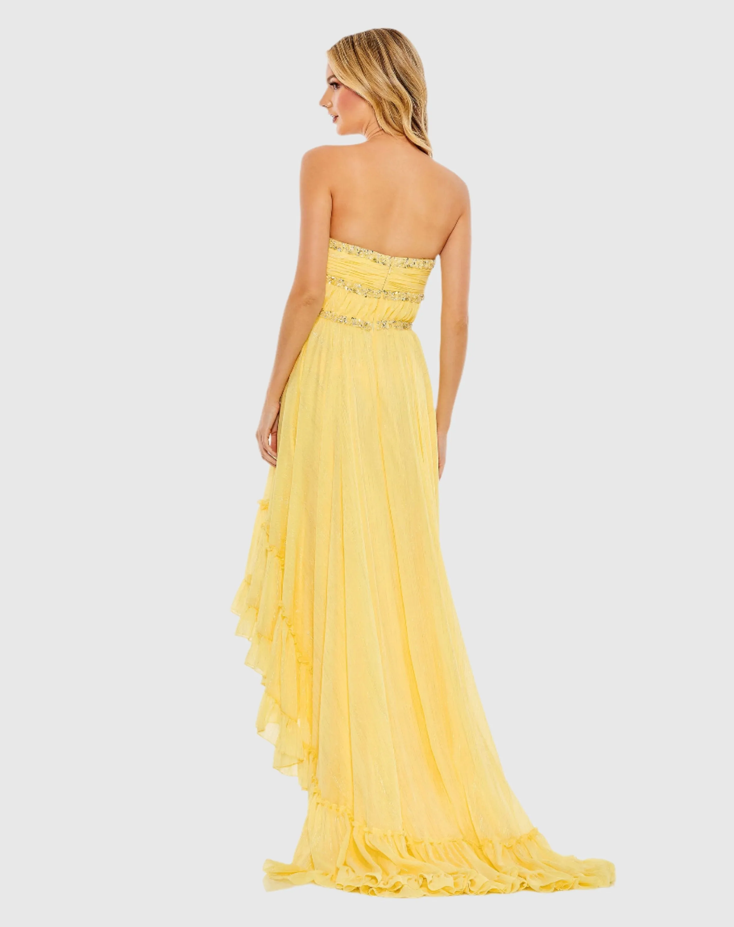 Beaded Ruffle High Low Gown