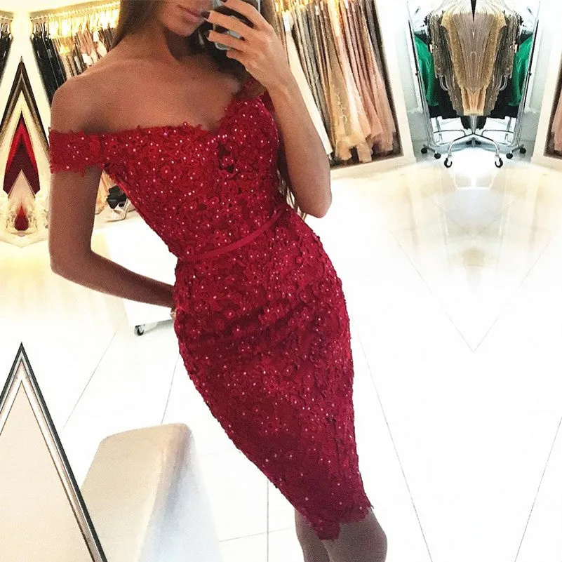 Beautiful Mermaid Off the Shoulder Lace Short Prom Dresses