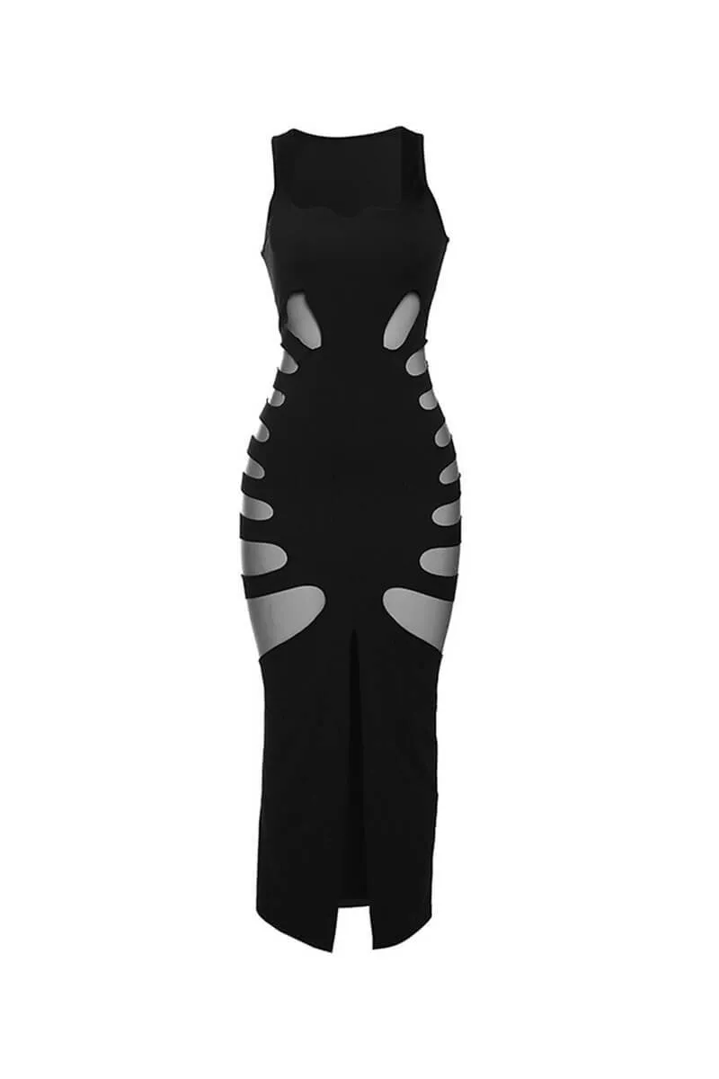 Black Hollow Out Slit Front Midi Dress Sleeveless