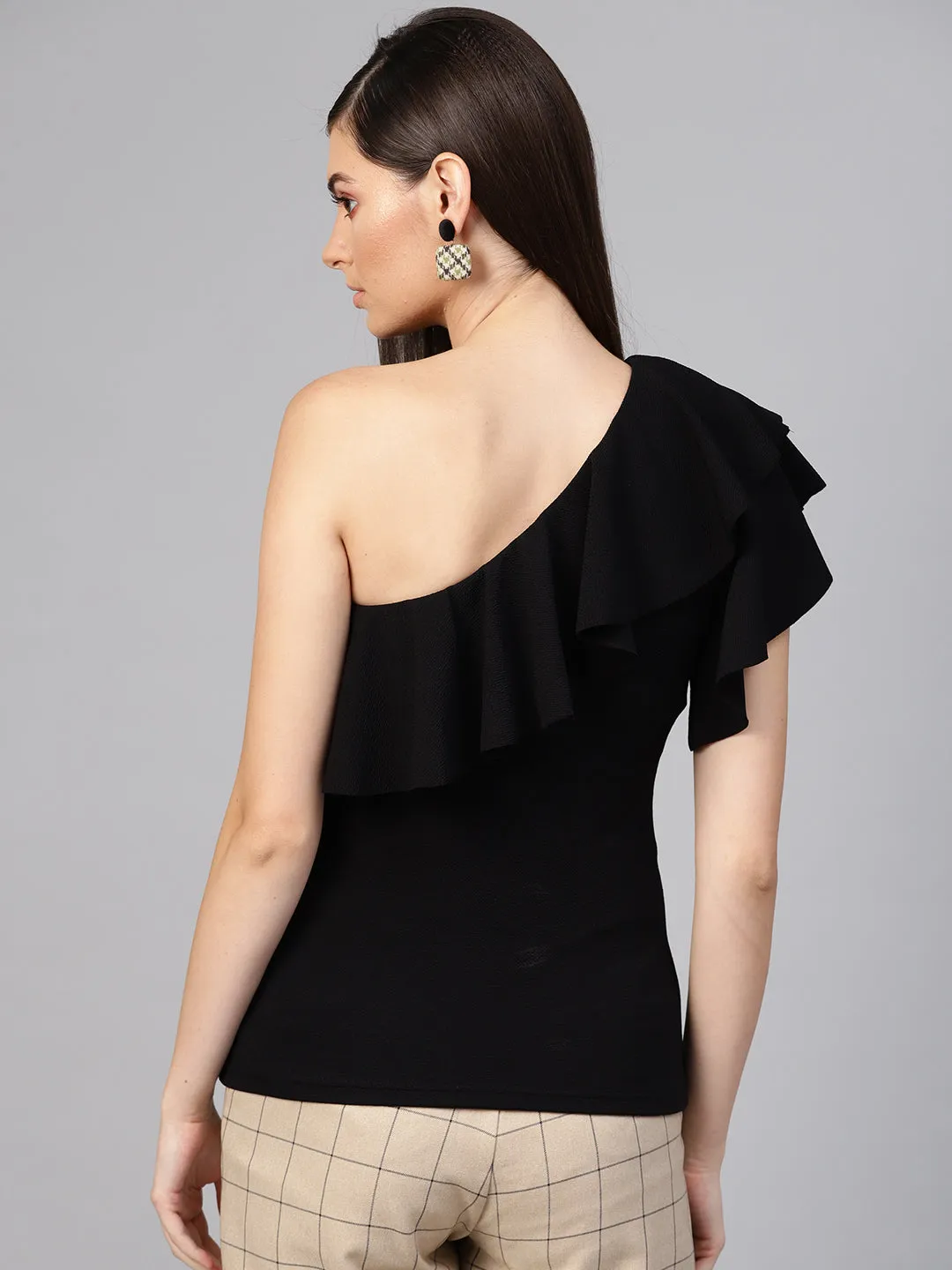 Black One Shoulder Ruffle Top